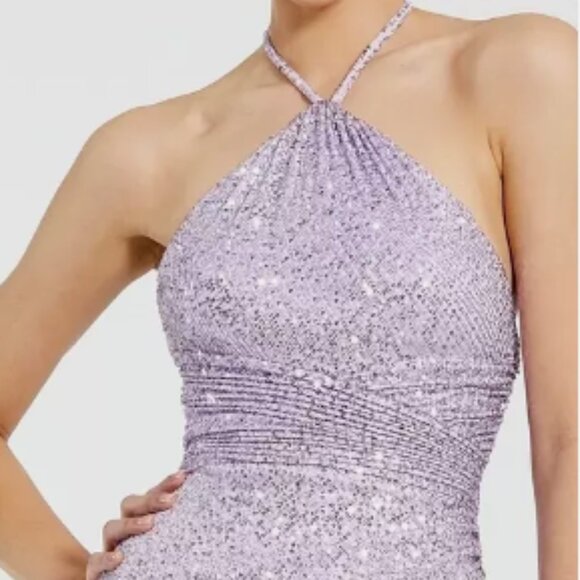MAC DUGGAL 27128 ONE SHOULDER RUCHED SIDE FRONT SLIT SEQUIN LILAC GOWN sz 6